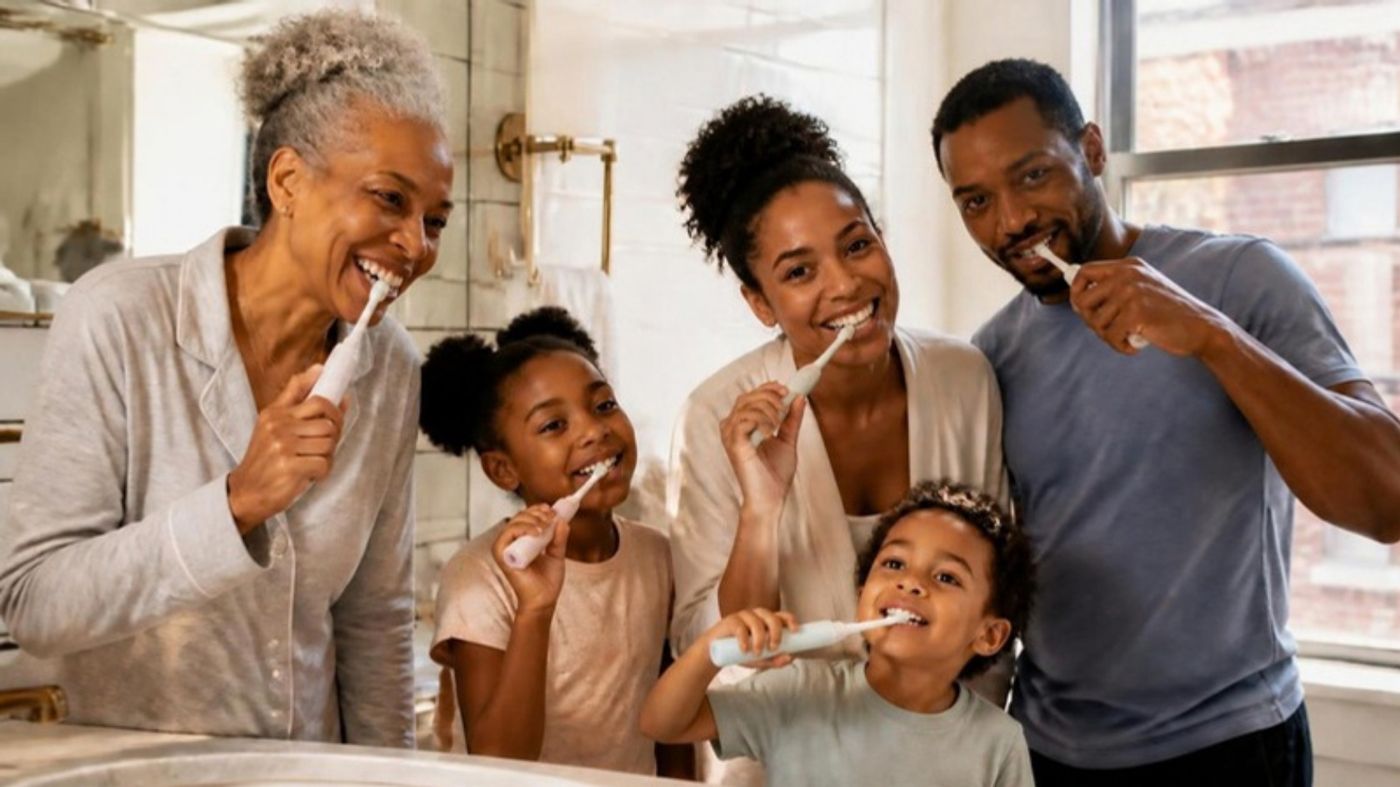 Grandmother, parents and two children brush their teeth together in a sunny bathroom